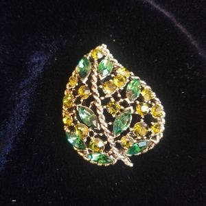 Vintage Albert Weiss green rhinestone leaf brooch